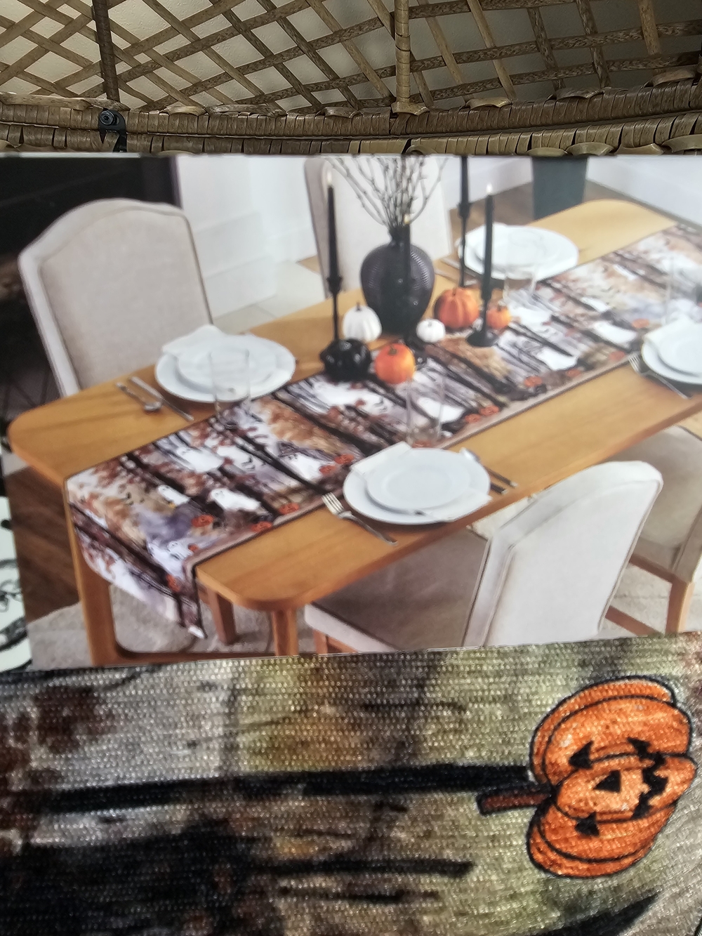 Tahari Fall Pumpkin Print Table Runner in Orange, Black & White Ghost